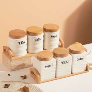 White Ceramic Spice Jars Wooden Base